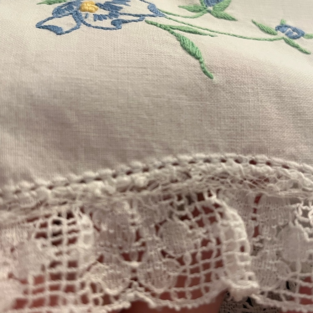 Pair of Handmade & Crosstiched Pillowcases w/lace Border 29” x 21.5” Never Used - Picture 9 of 10
